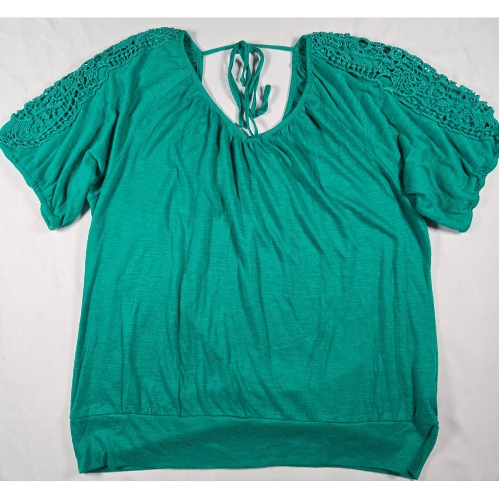 Crochet‎ Lace Shoulder Green Tie Back Top Sz L Slub Knit Boho Festival Peasant